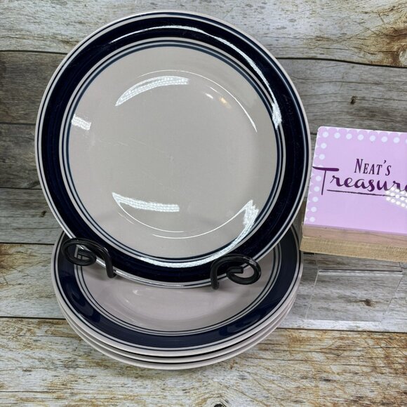 Mainstays CASUAL BANDED COBALT BLUE Rings Stoneware Beige Dinner Plates Set of 4 - Picture 1 of 16